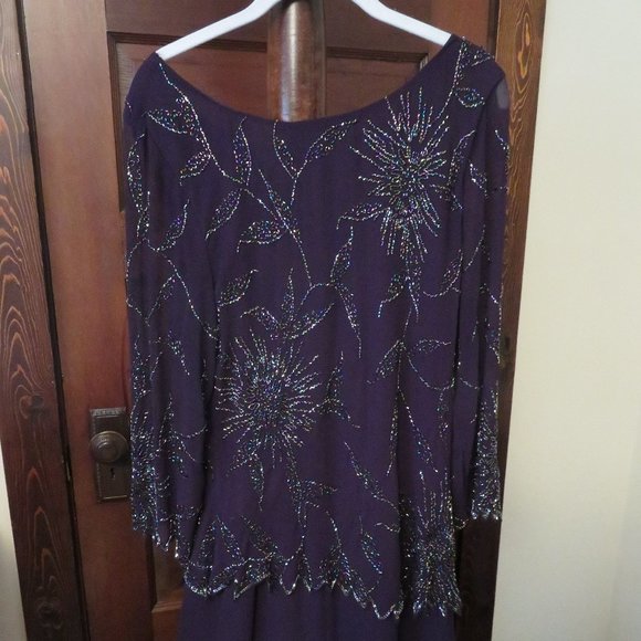 J Kara Three-Quarter Sleeve Beaded Dress Plum - Picture 6 of 6